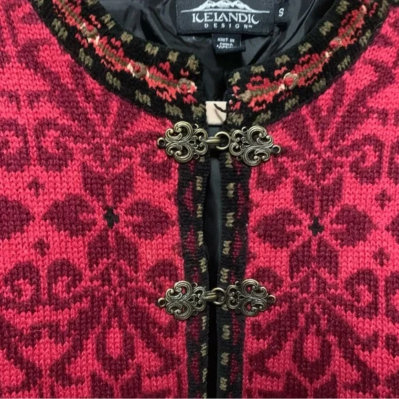 Icelandic Design Red Wool Lined Nordic Holiday Clasps Front Cardigan Size Small - Picture 8 of 13